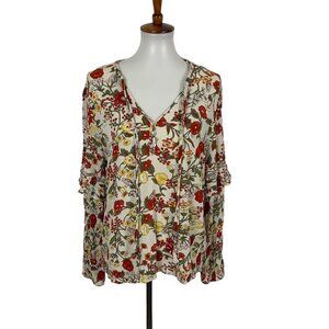 Indigo Poppy Blouse XL Floral Long Sleeve Lightweight Romantic